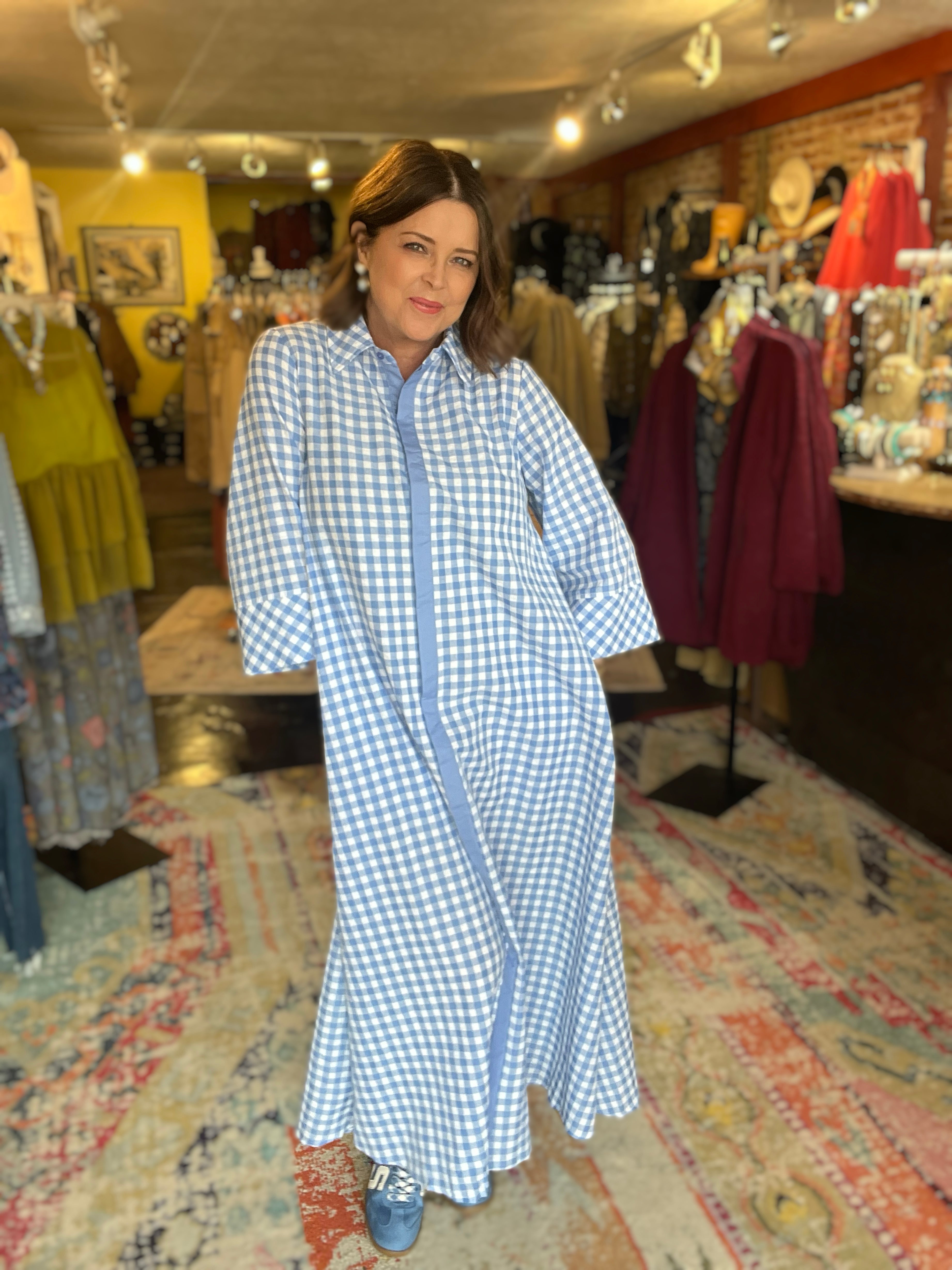 blue checks dress CHECK MAXI – BRICK HOUSE BOUTIQUE Size:21.0/21.5 The 60s called and singlesdaynov25 Black Dress Pants Wide
