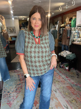Load image into Gallery viewer, DENIM AND TURQUOISE HOUNDSTOOTH TOP
