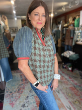 Load image into Gallery viewer, DENIM AND TURQUOISE HOUNDSTOOTH TOP
