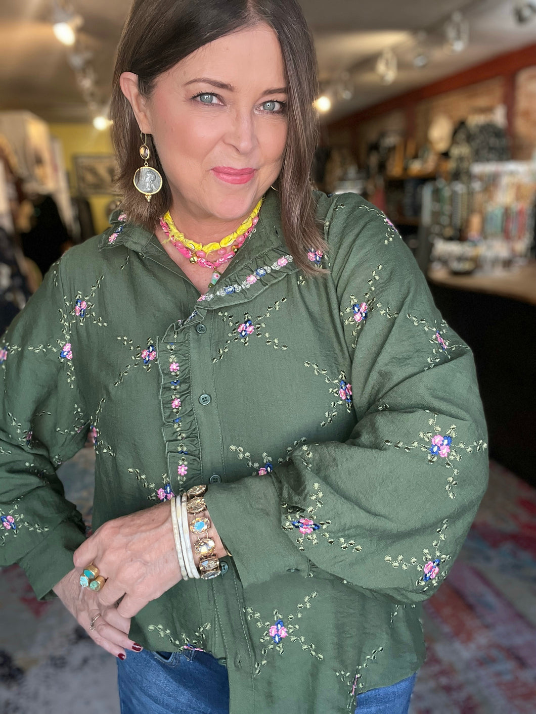 GREEN LATTICE BLOUSE