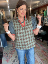 Load image into Gallery viewer, DENIM AND TURQUOISE HOUNDSTOOTH TOP
