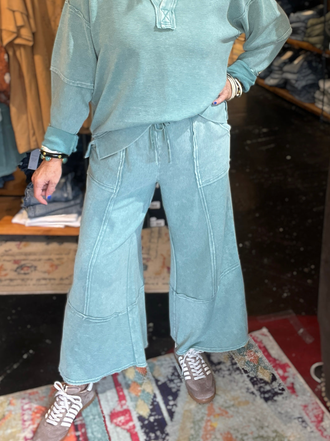 FADED TEAL RIBBED THERMAL PANT