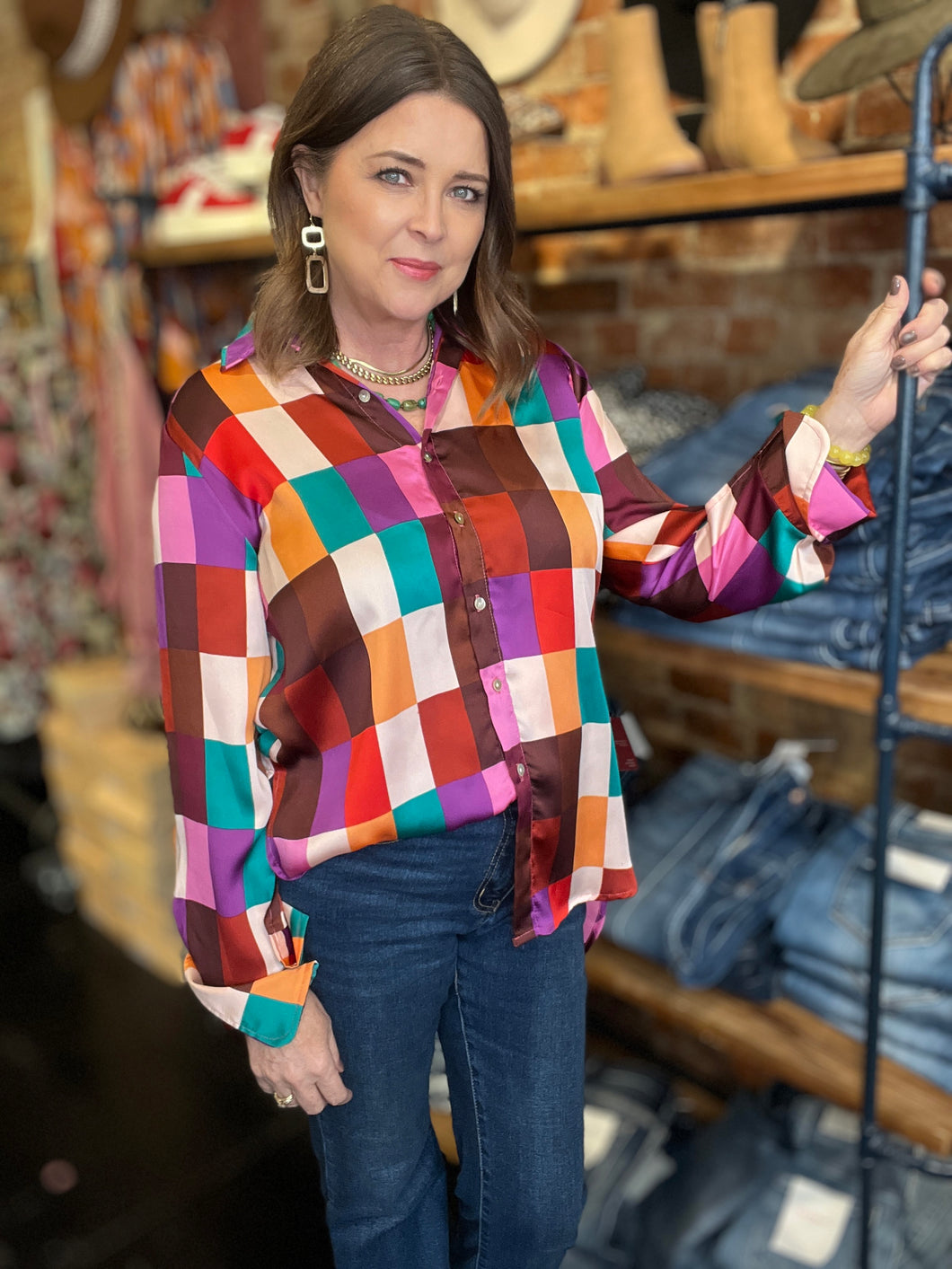 CHOCOLATE CHECKERBOARD BLOUSE