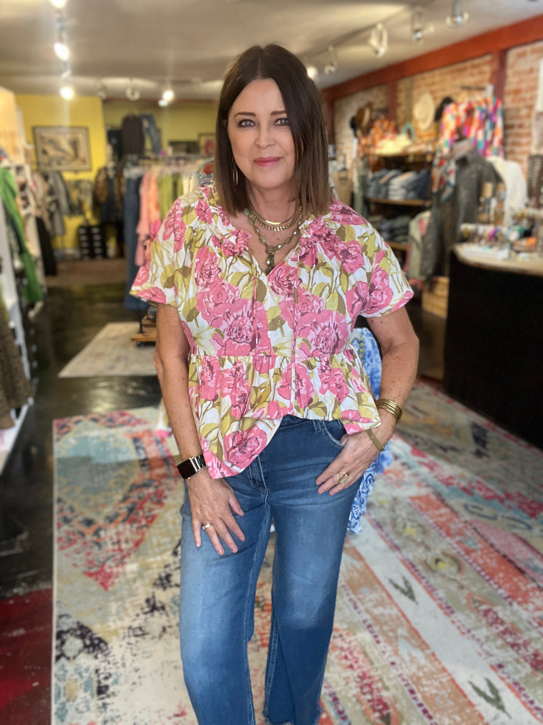 PINK AND GREEN FLORAL PEPLUM TOP