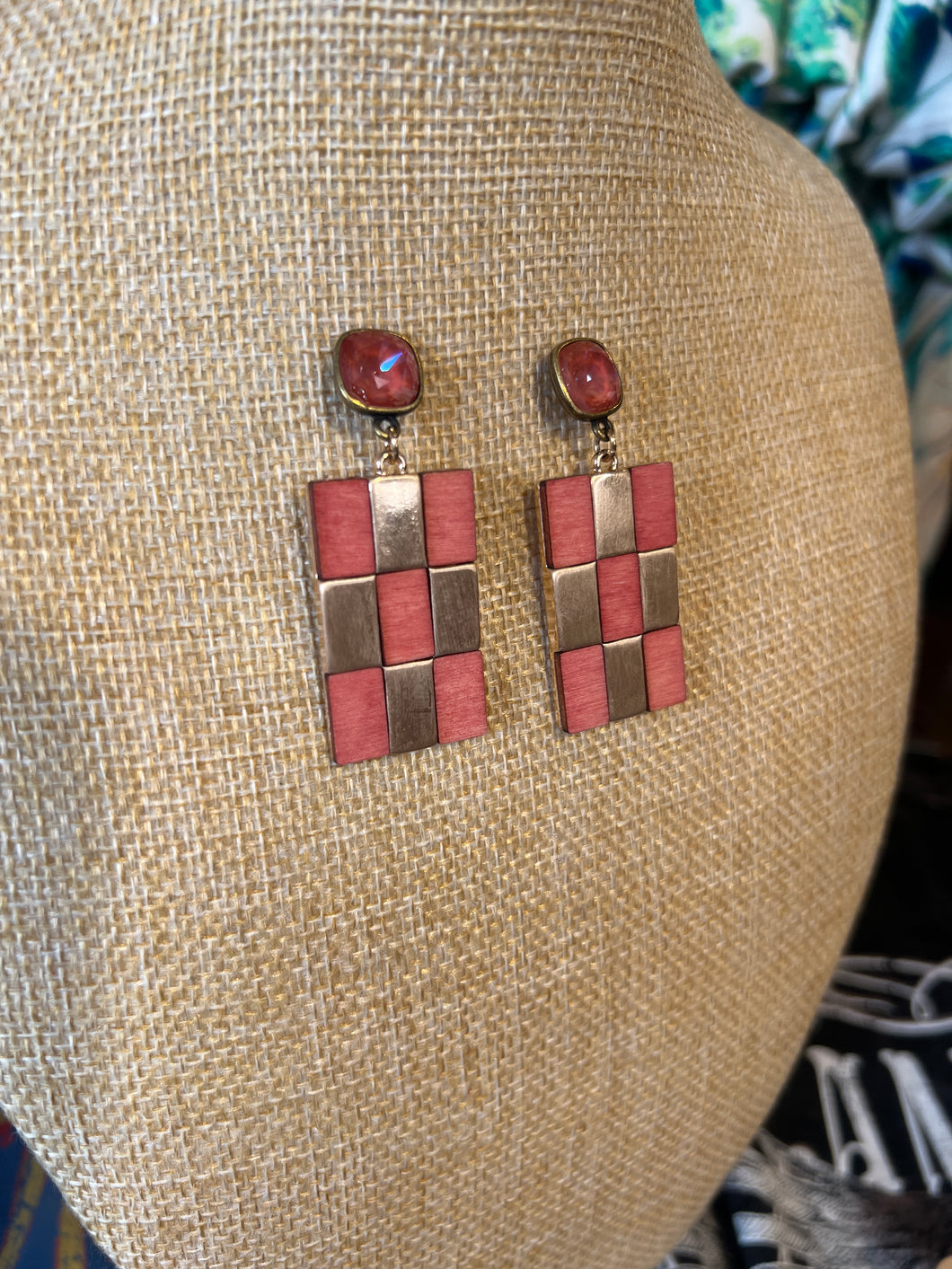 CORAL & GOLD CHECKER EARRINGS
