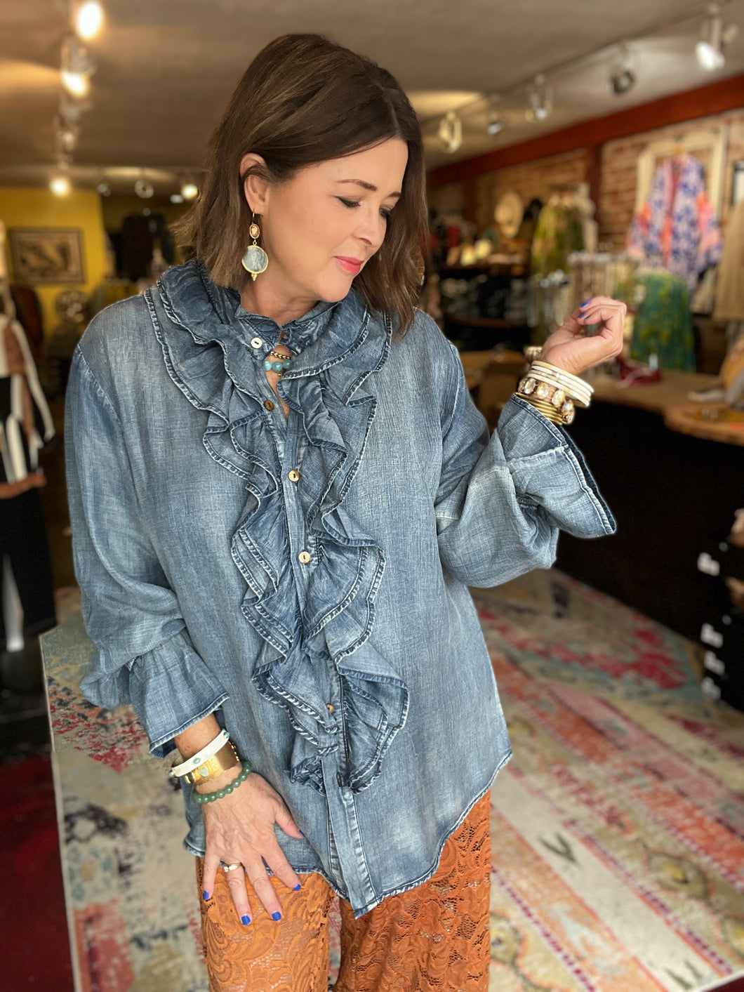 JADED GYPSY RUFFLE DENIM BLOUSE