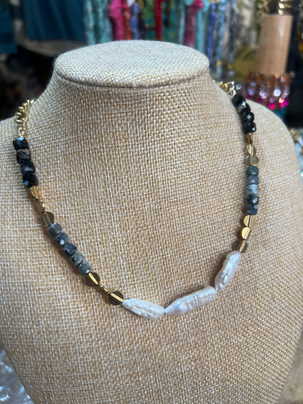 BIWA PEARL AND EMERALD NECKLACE