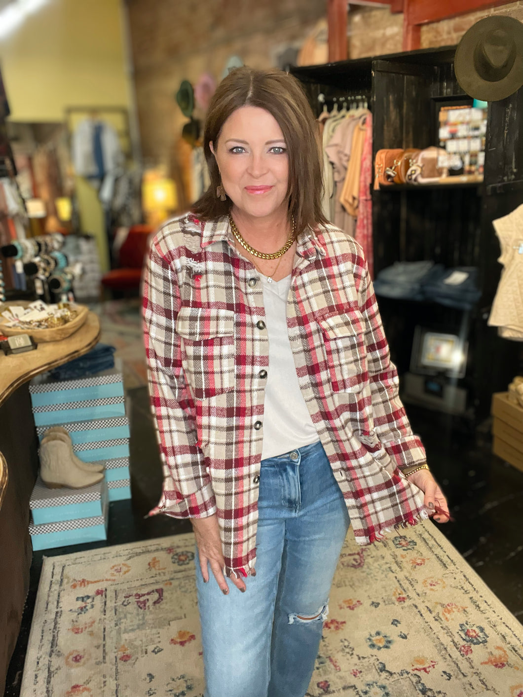 RED/BROWN PLAID SHACKET