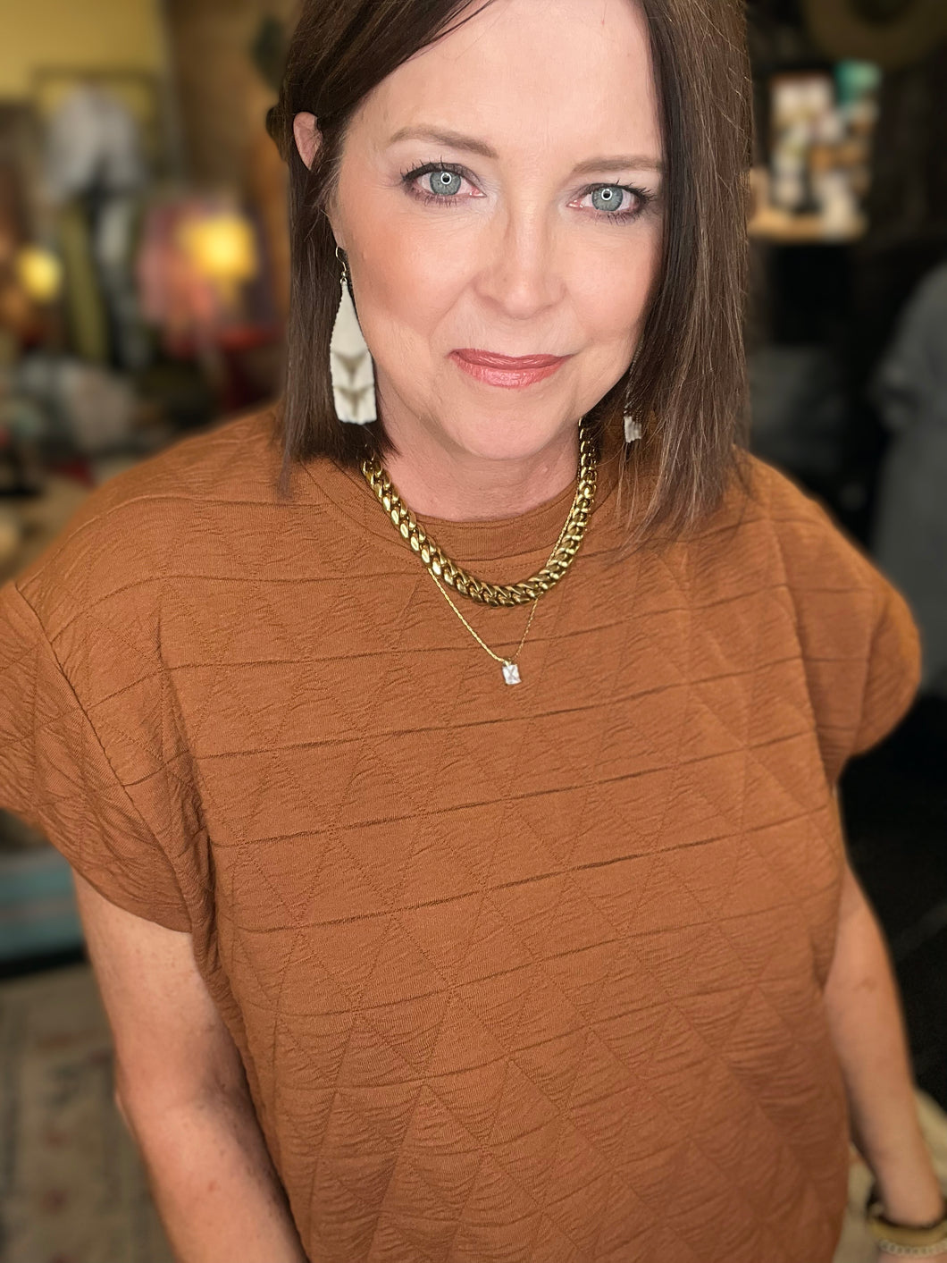 BROWN QUILTED LOUNGE TOP