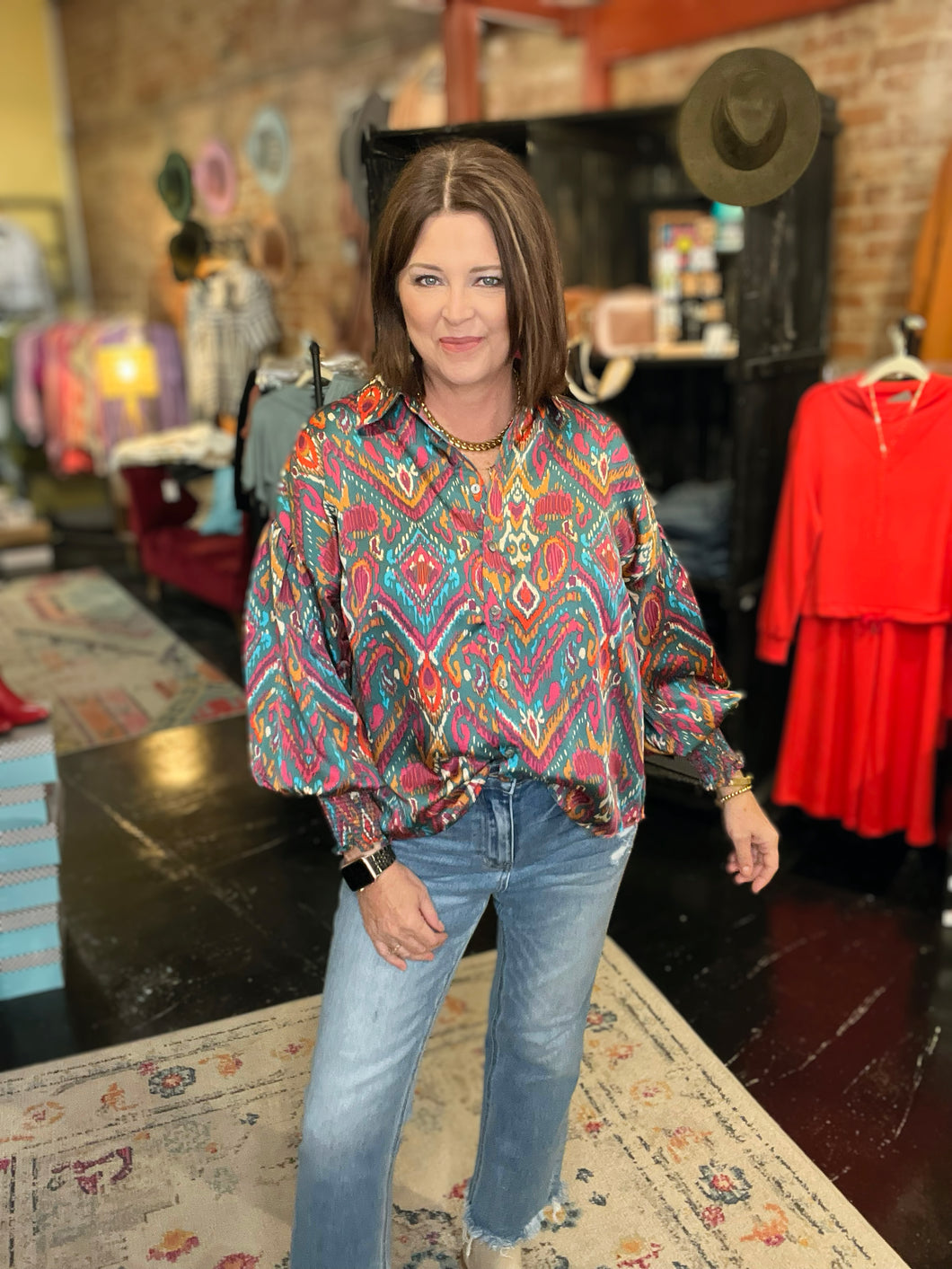 TURQUOISE AND FUCHSIA PRINT BLOUSE
