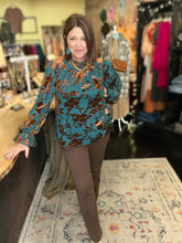 Load image into Gallery viewer, TEAL &amp; BROWN VELVET BLOUSE
