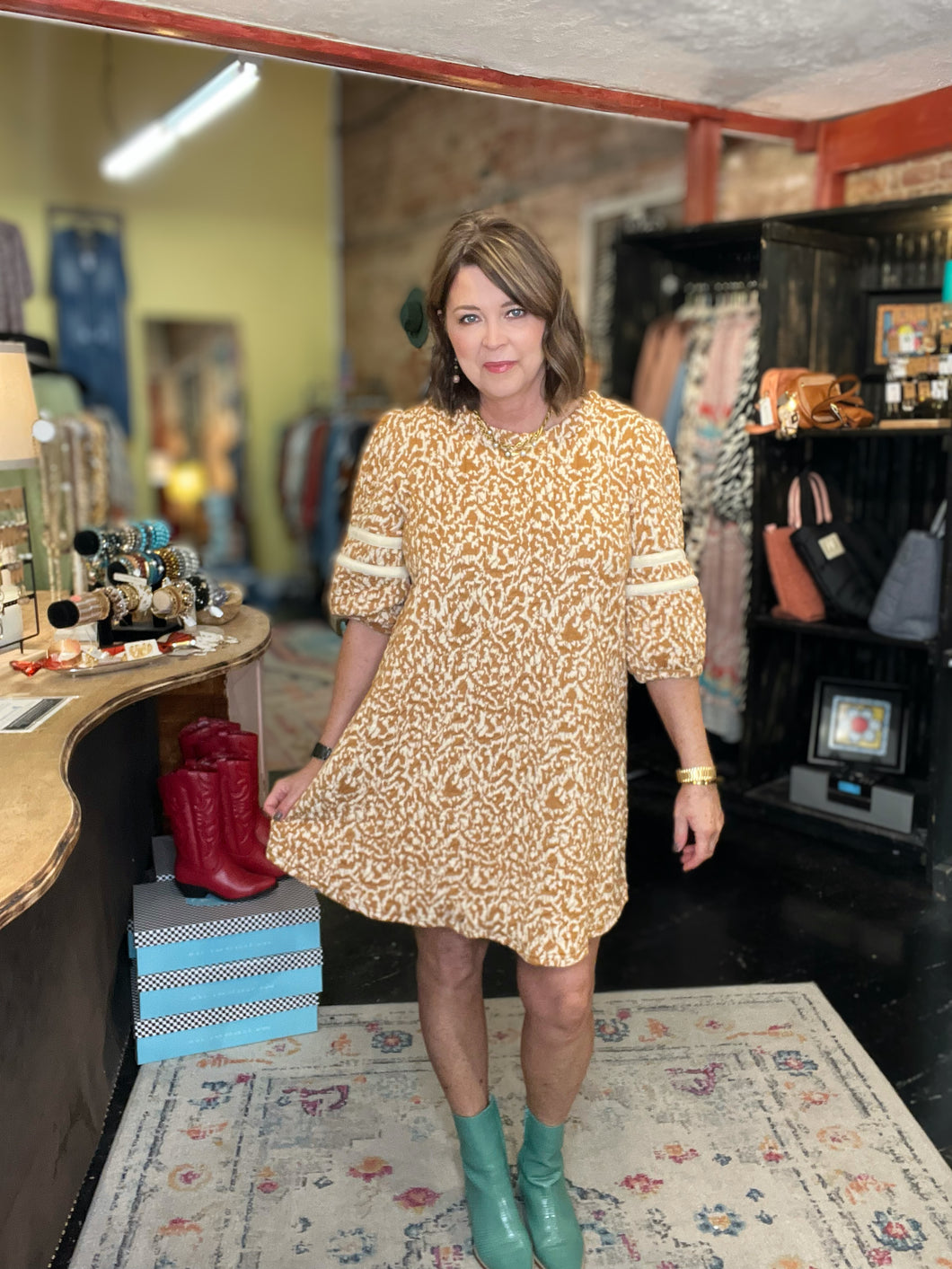 QUILTED CAMEL PRINT DRESS